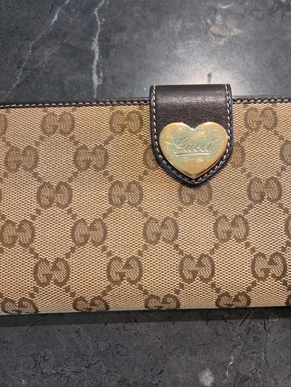 Gucci Brown/Tan Monogram Wallet with Gold Heart Plaque COA